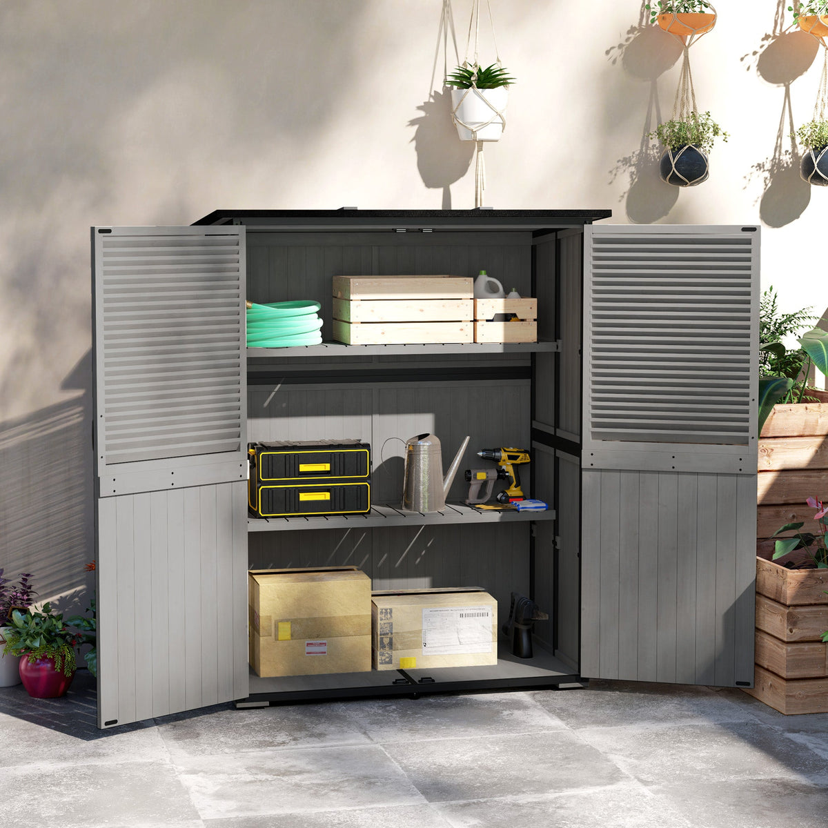 Wood Outdoor Storage Cabinet with Lock and Shelves, Gray — product view 3