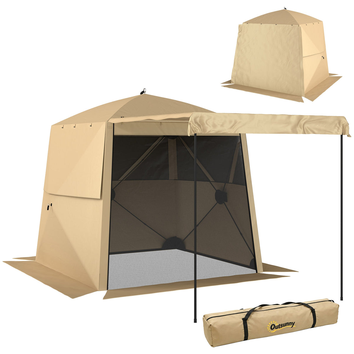 2 x 2 m Pop Up Gazebo with Awning, Sides, Mesh Windows & Carry Bag, Khaki — product view 1