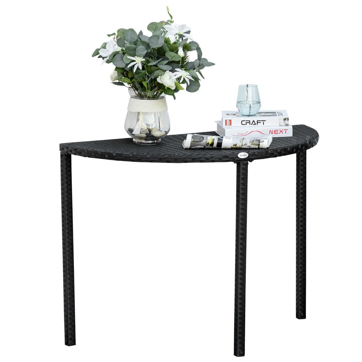 39.4" Half Round PE Rattan Side Table with Metal Frame, Black — product view 1
