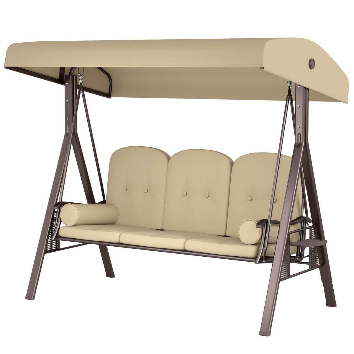 3 Seater Canopy Swing Chair with Cushions & Cup Trays, Brown — product view 2