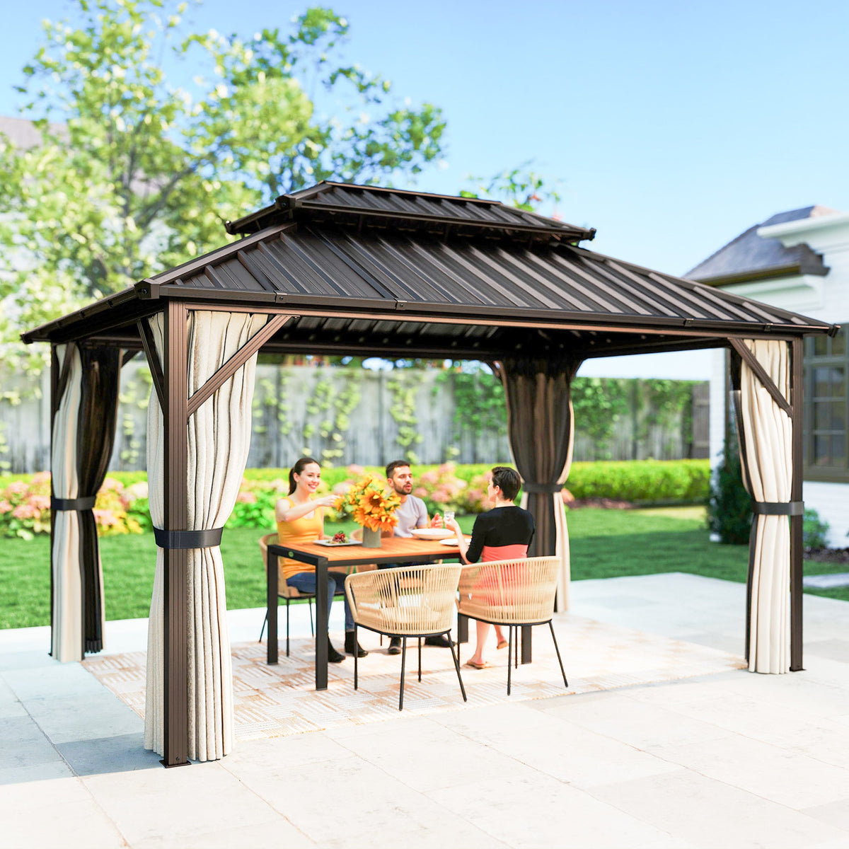 10' x 14' Hardtop Gazebo with Curtains and Netting, Brown — product view 4