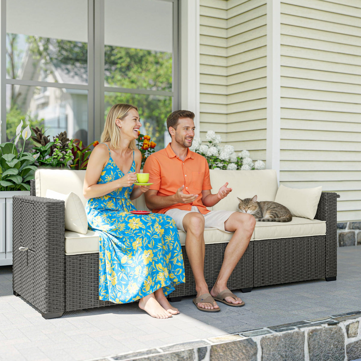 3-Seater Wicker Outdoor Sofa with Side Trays & Thick Cushions, Cream White — product view 4