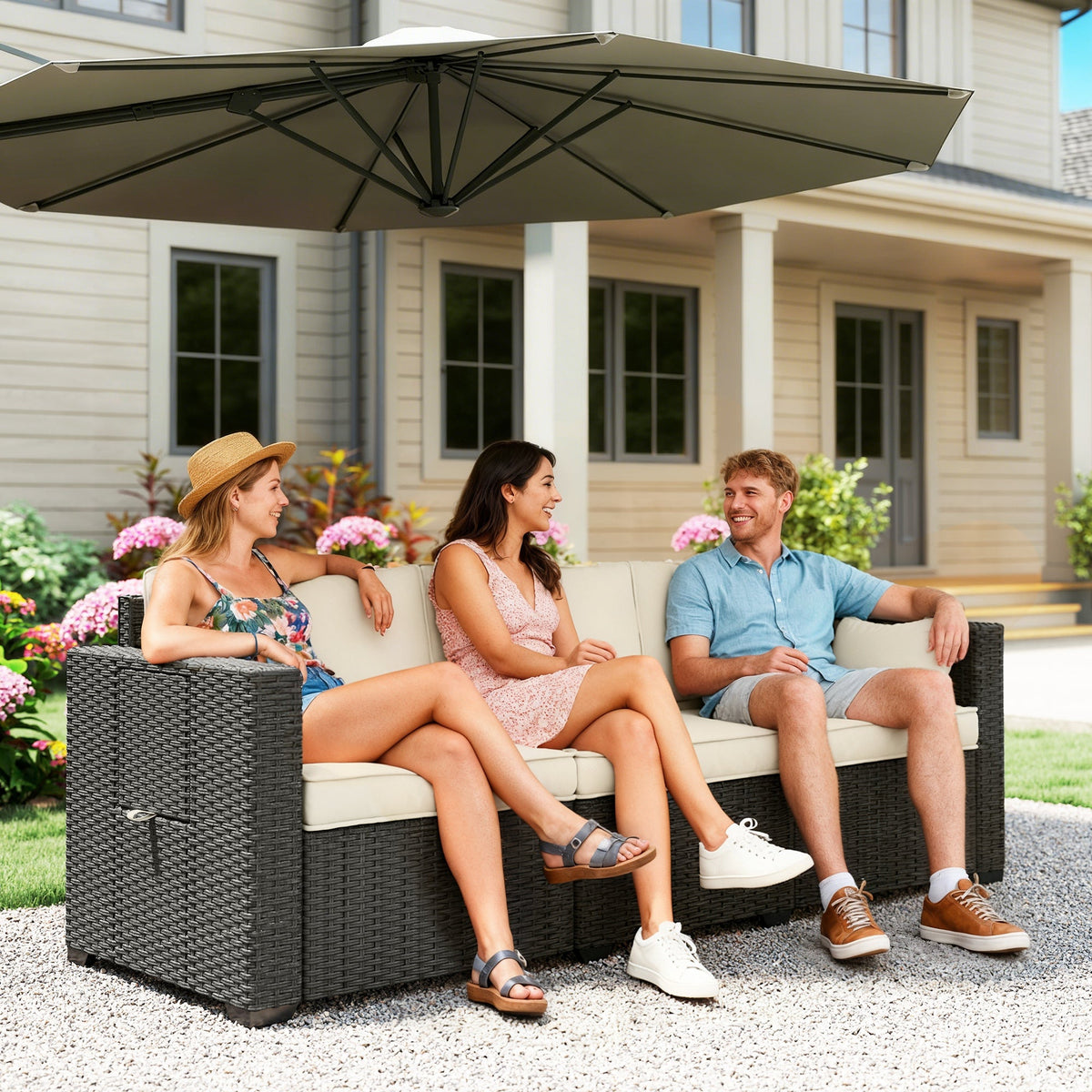 3-Seater Wicker Outdoor Sofa with Side Trays & Thick Cushions, Cream White — product view 3
