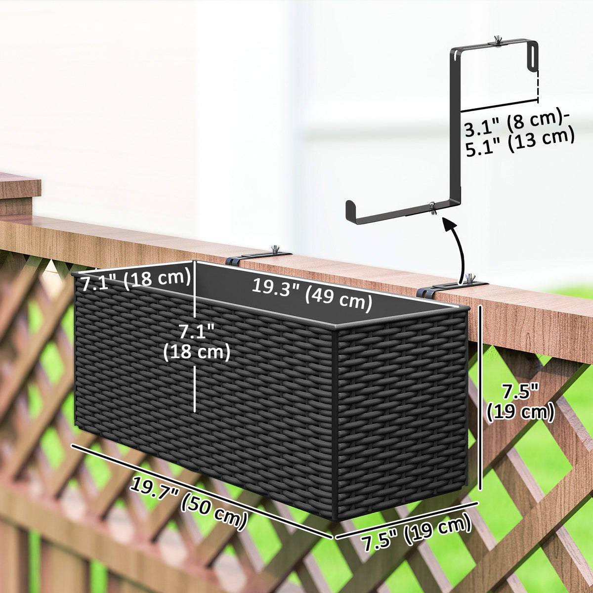 2 Pack 20" Railing Planter Boxes with Hooks and Drainage, Black — product view 5