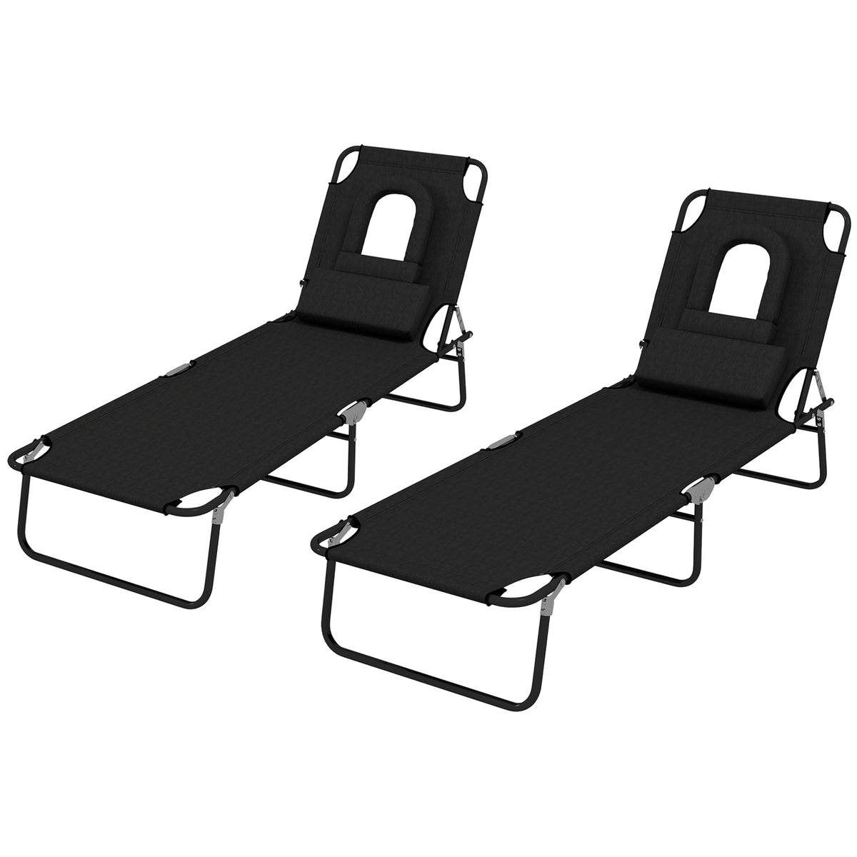 2pcs Adjustable Outdoor Lounge Chairs with Face Hole, Black — product view 2