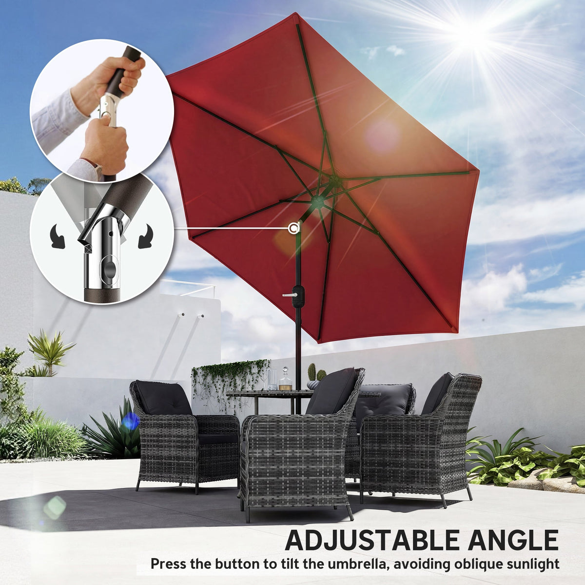2.6 m Garden Parasol with Tilt, Crank, Vent & Aluminium Pole, Wine Red — product view 7