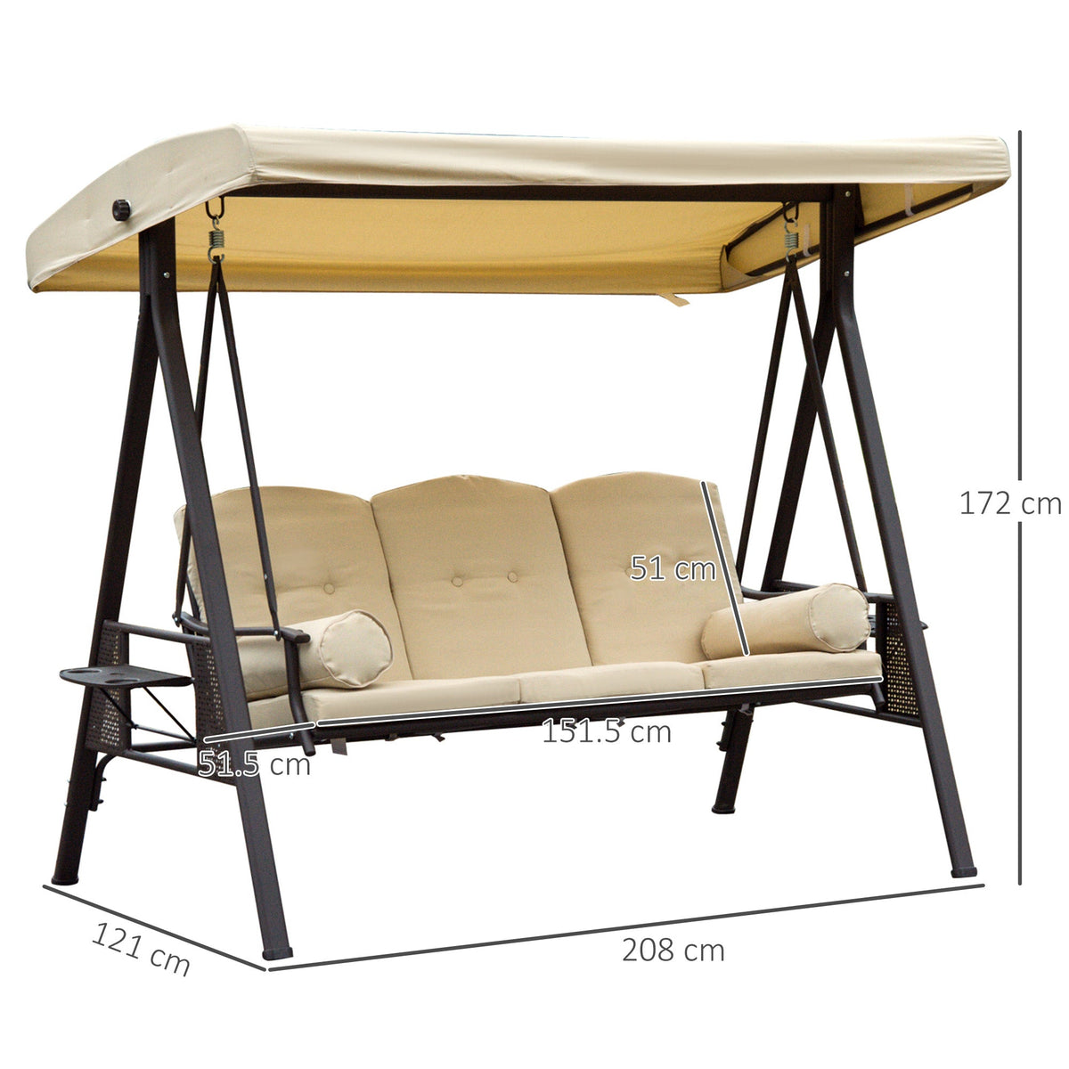 3 Seater Canopy Swing Chair with Cushions & Cup Trays, Beige — product view 5