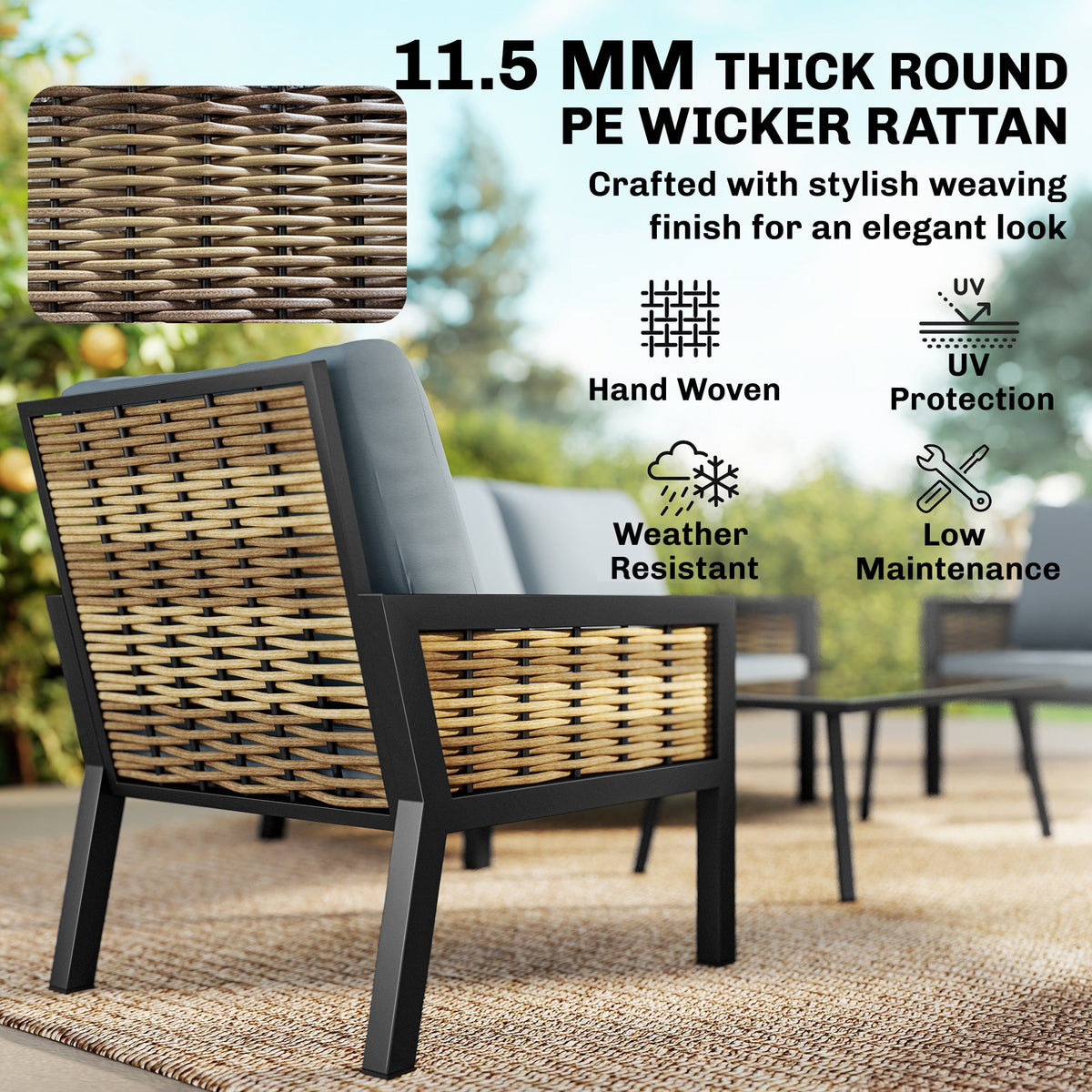 4-Seater Rattan Sofa Set with Cushions, Loveseat, 2 Armchairs & Coffee Table Grey — product view 6