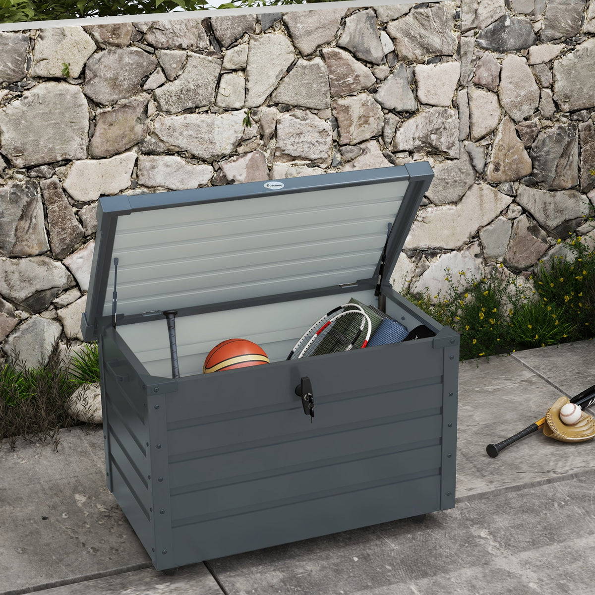 78 Gallon Galvanized Steel Deck Box with Wheels and Handles, Dark Grey — product view 3
