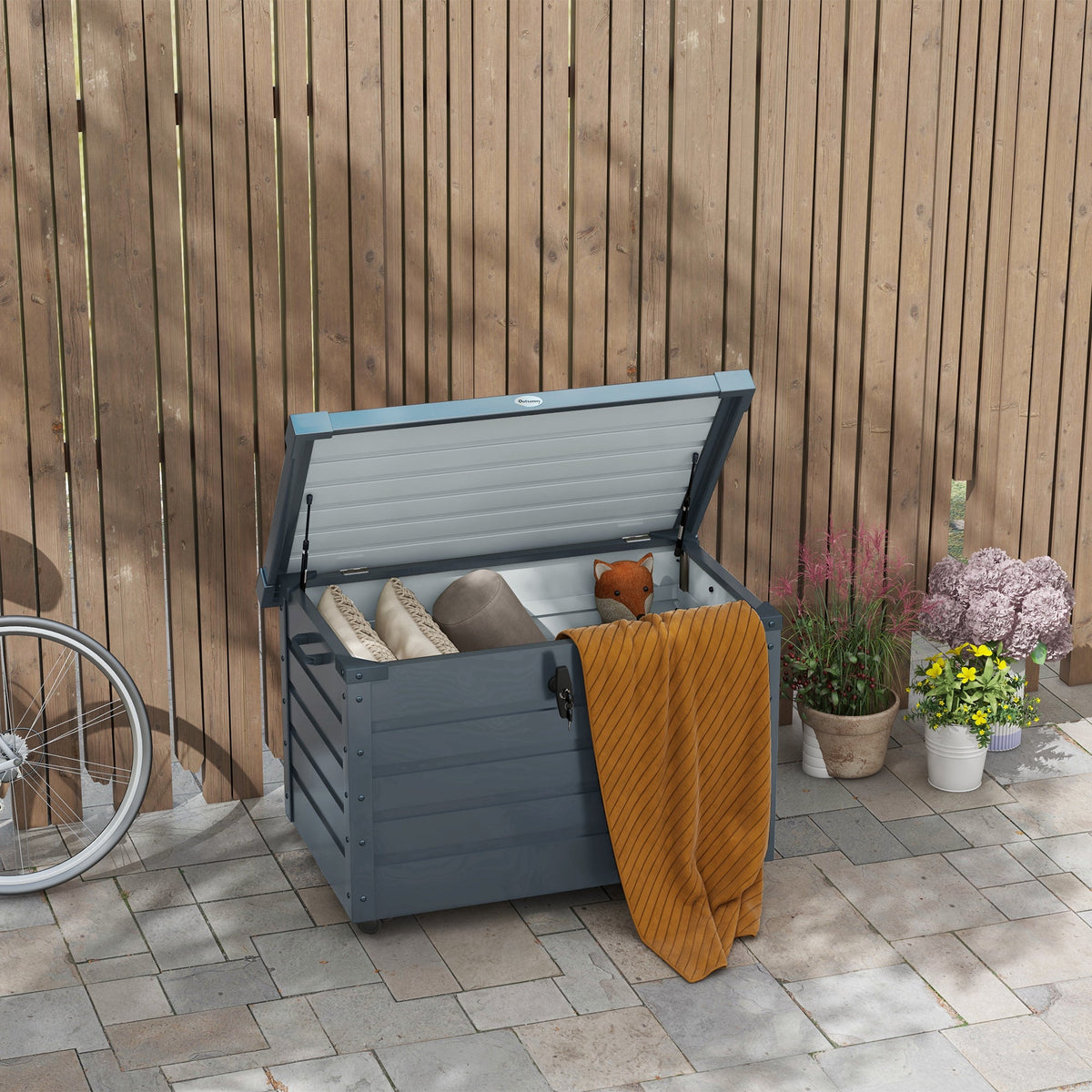 78 Gallon Galvanized Steel Deck Box with Wheels and Handles, Dark Grey — product view 4