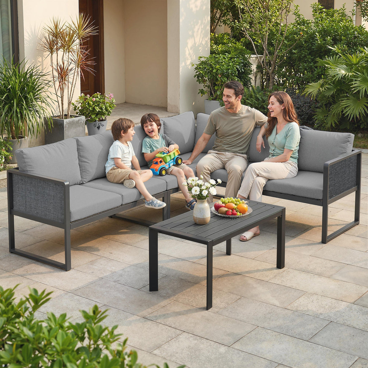 6 Seater Metal Garden Corner Sofa Set with Faux Wood Table, Dark Grey — product view 3