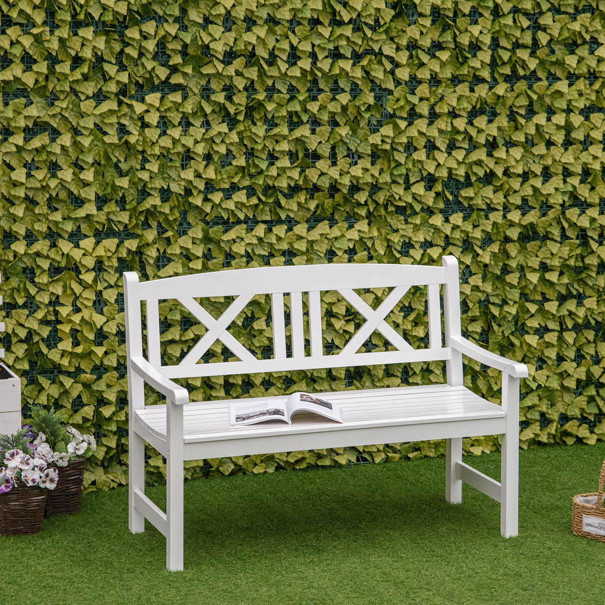 4FT 2-Seater Wooden Garden Bench with X-Shape Back, White — product view 3