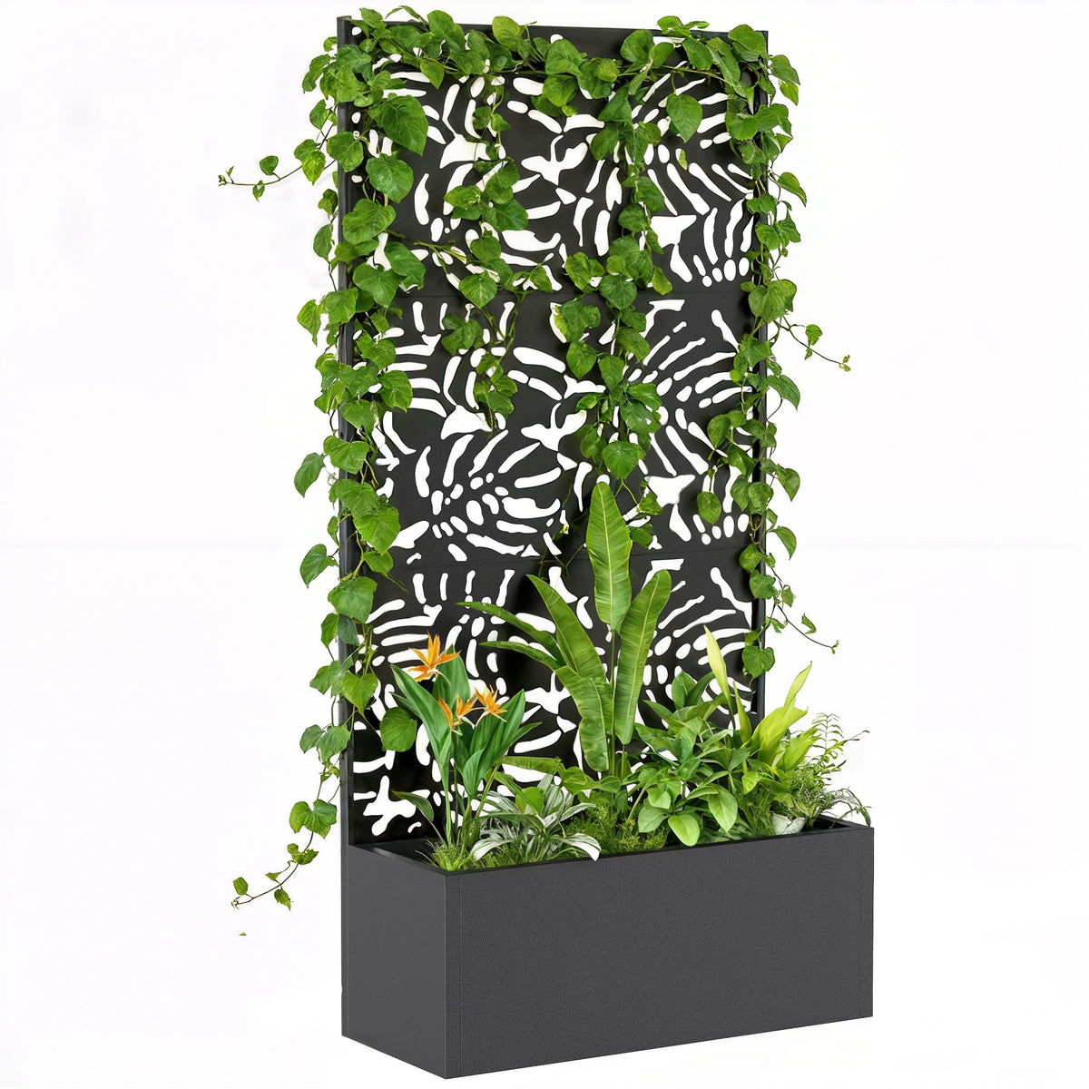 71" Metal Planter Box with Trellis, Banana-Leaf Cut-Out — product view 1