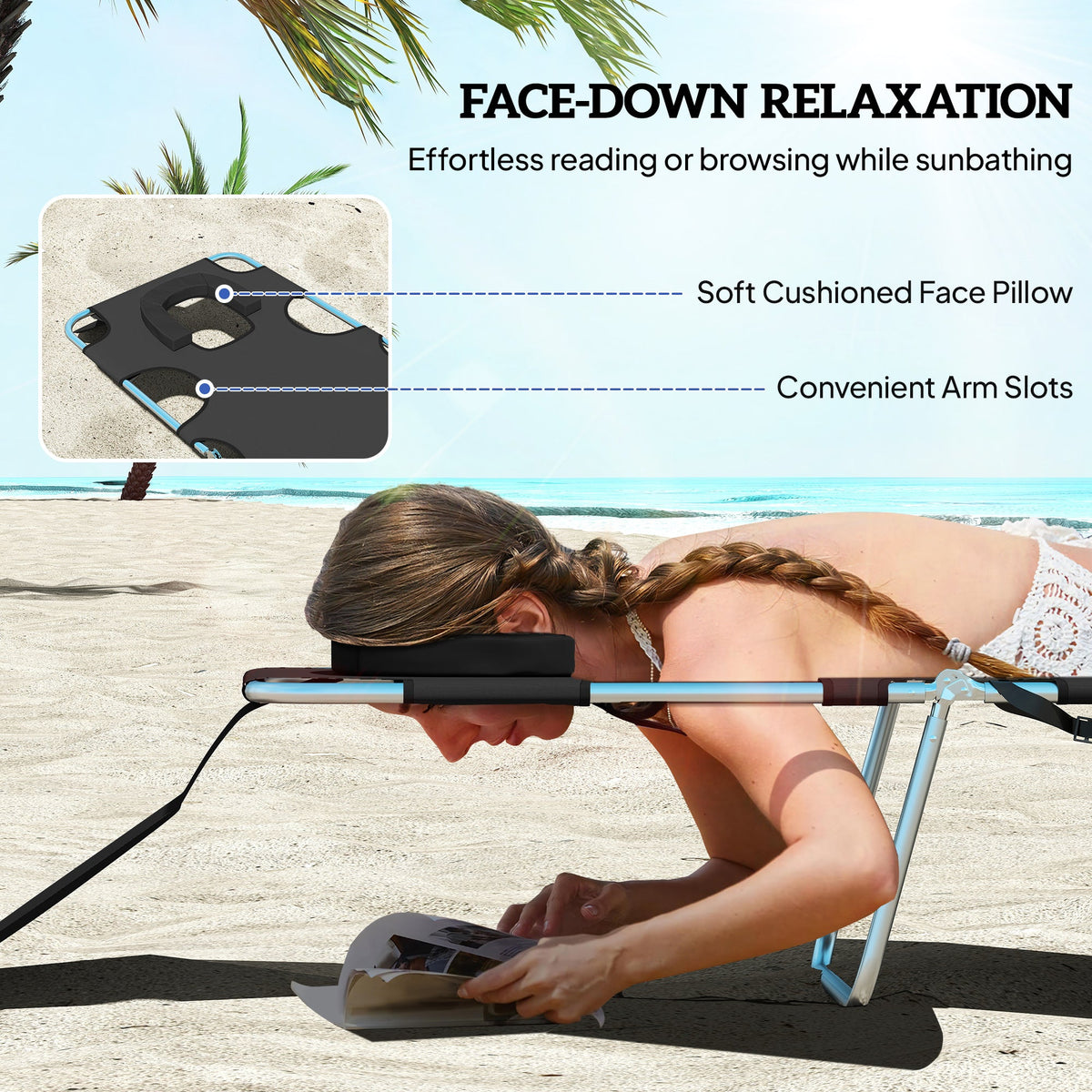 Folding Lounge Chair with Face Hole, Side Pocket and Strap, Black — product view 7