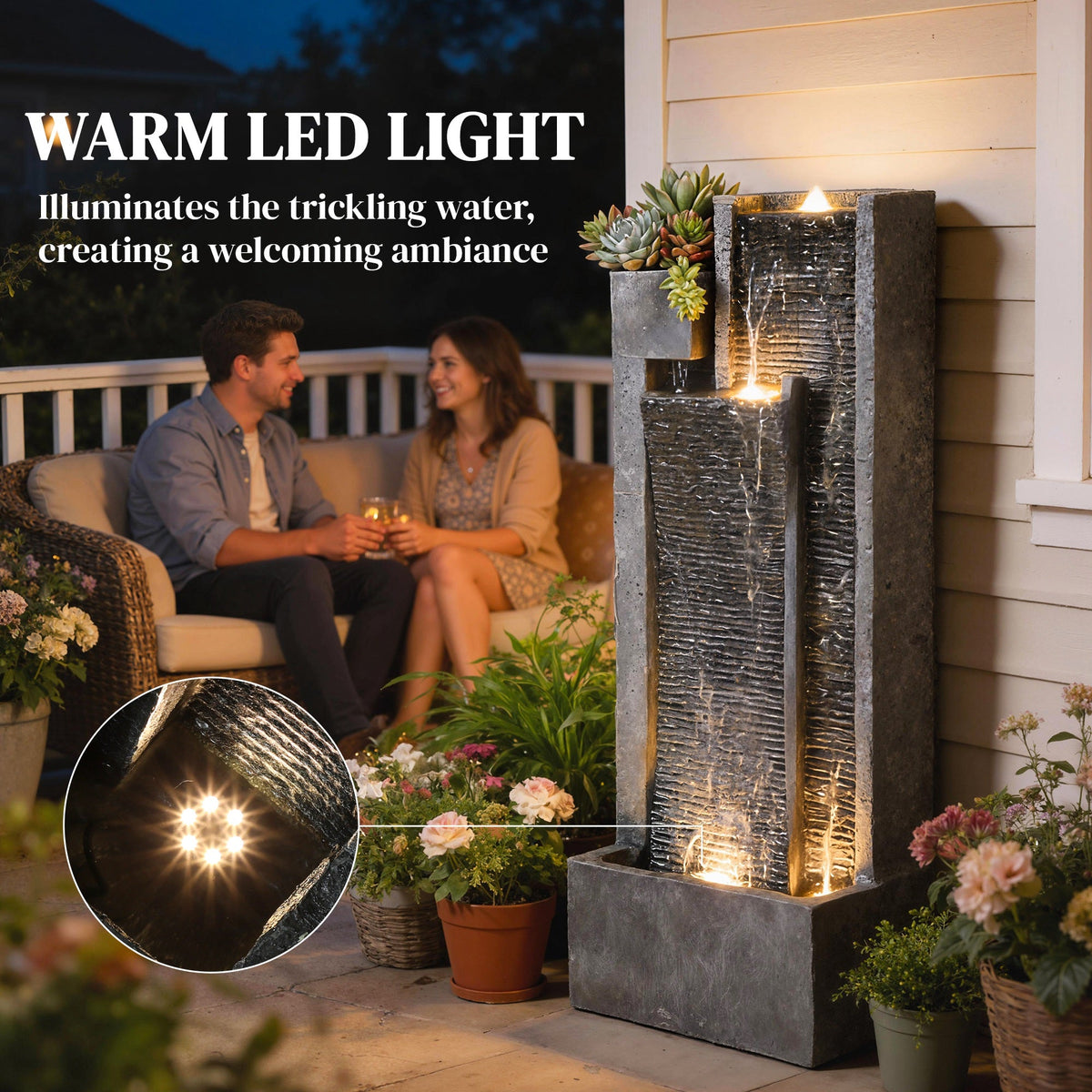 3-Tier Water Feature with LED Lights, Planter and Pump, Dark Grey — product view 7