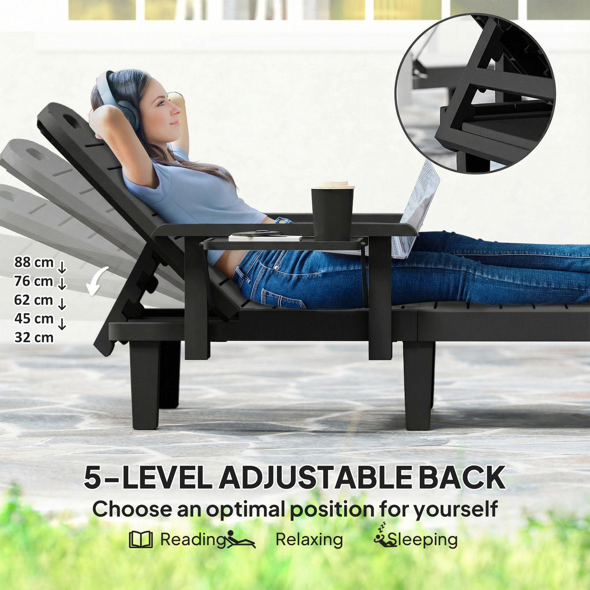 Set of 2 Resin Sun Loungers with Foldable Side Table, Black — product view 6