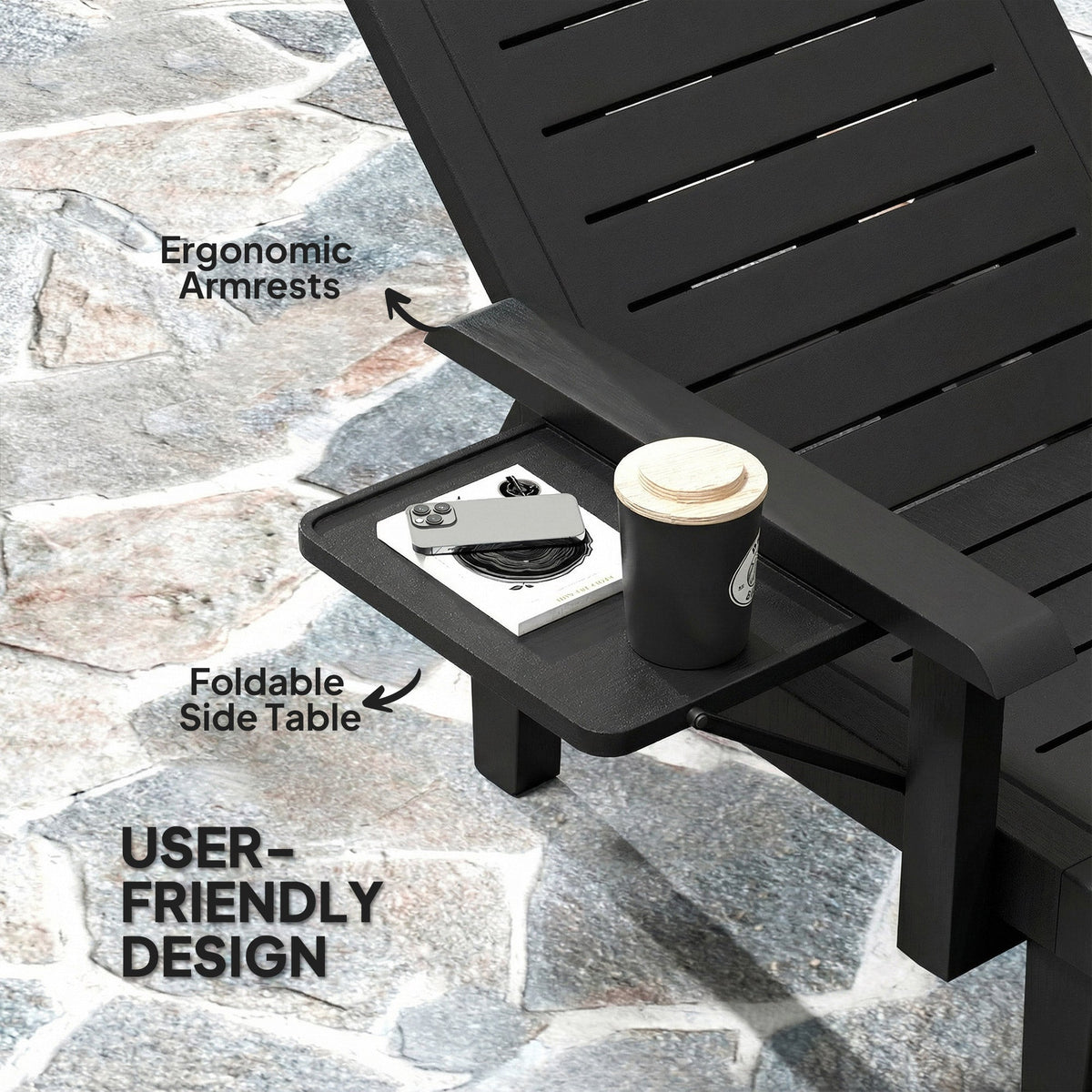Set of 2 Resin Sun Loungers with Foldable Side Table, Black — product view 7