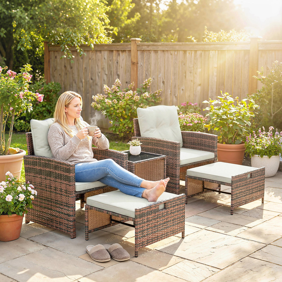 5-Piece Wicker Patio Set with Ottomans & 2-Tier Glass Coffee Table, Brown/Cream — product view 4