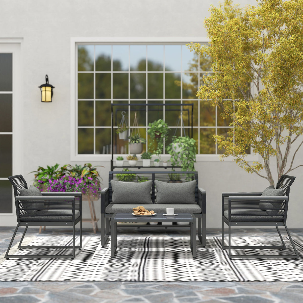 ARVOYA 4 Piece Rattan Garden Furniture Set with Cushions & Glass Top Table, Charcoal Grey — product view 3
