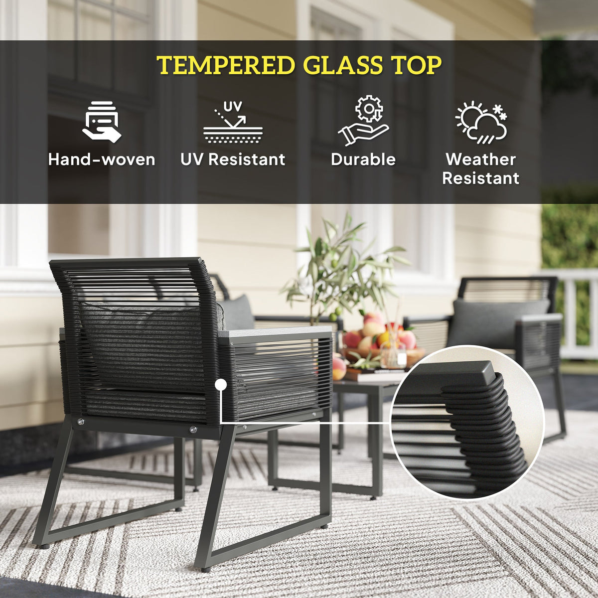 ARVOYA 4 Piece Rattan Garden Furniture Set with Cushions & Glass Top Table, Charcoal Grey — product view 6