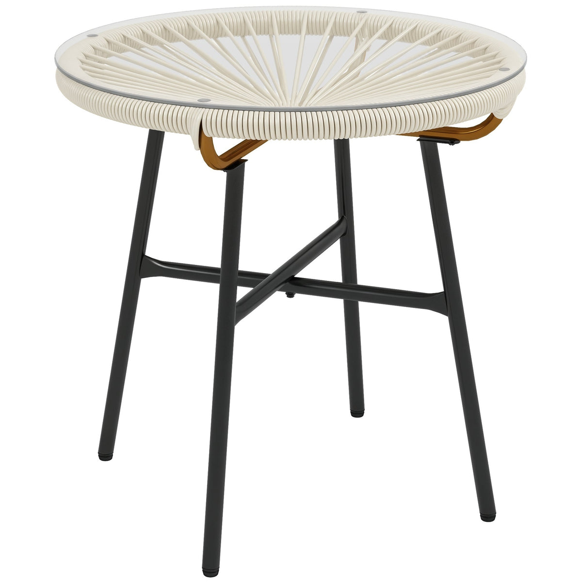 Round Rattan Side Table with Tempered Glass Top, Cream White — product view 1