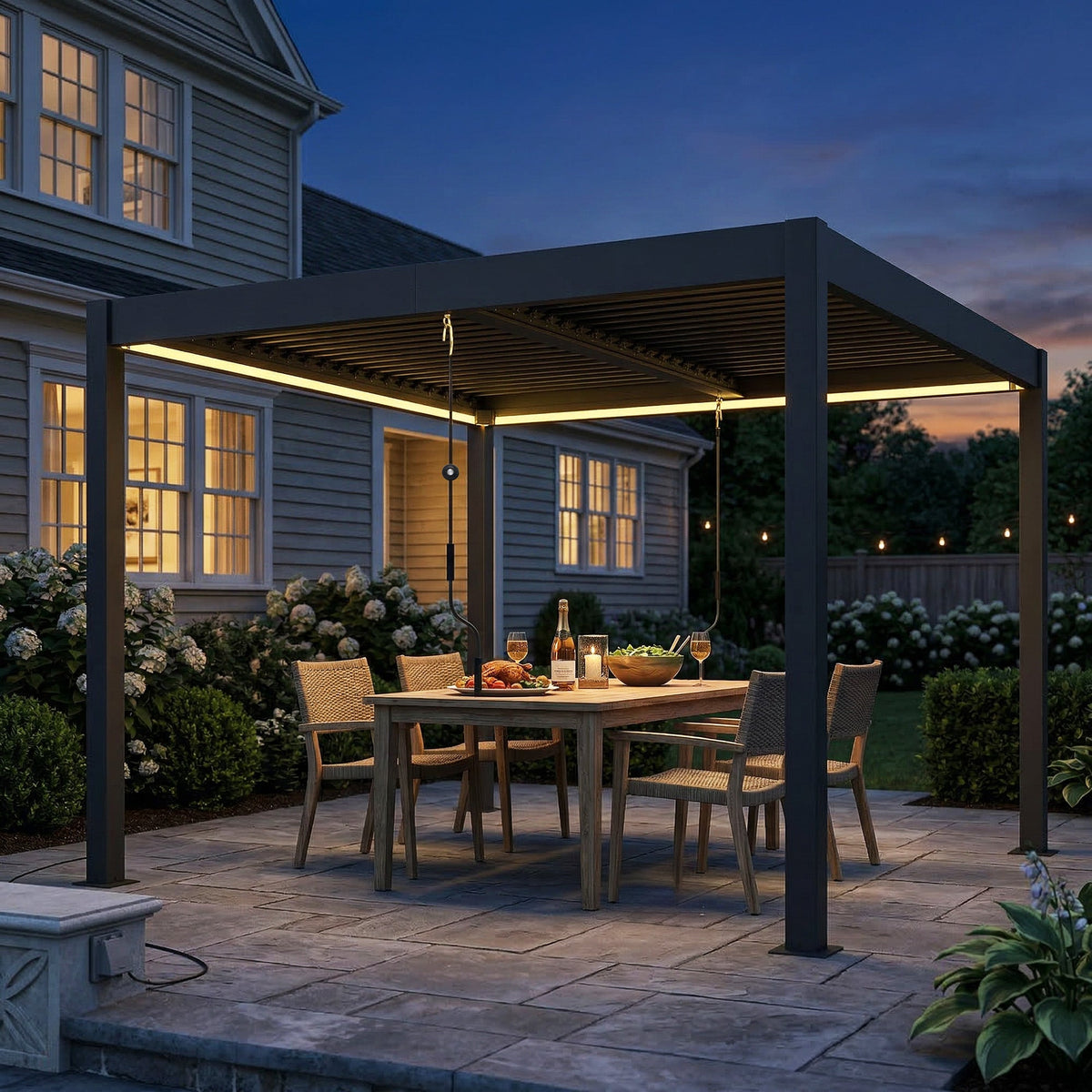 Louvered Pergola 3 x 3 m Dark Grey with Adjustable Roof, LED Lights & Remote — product view 4