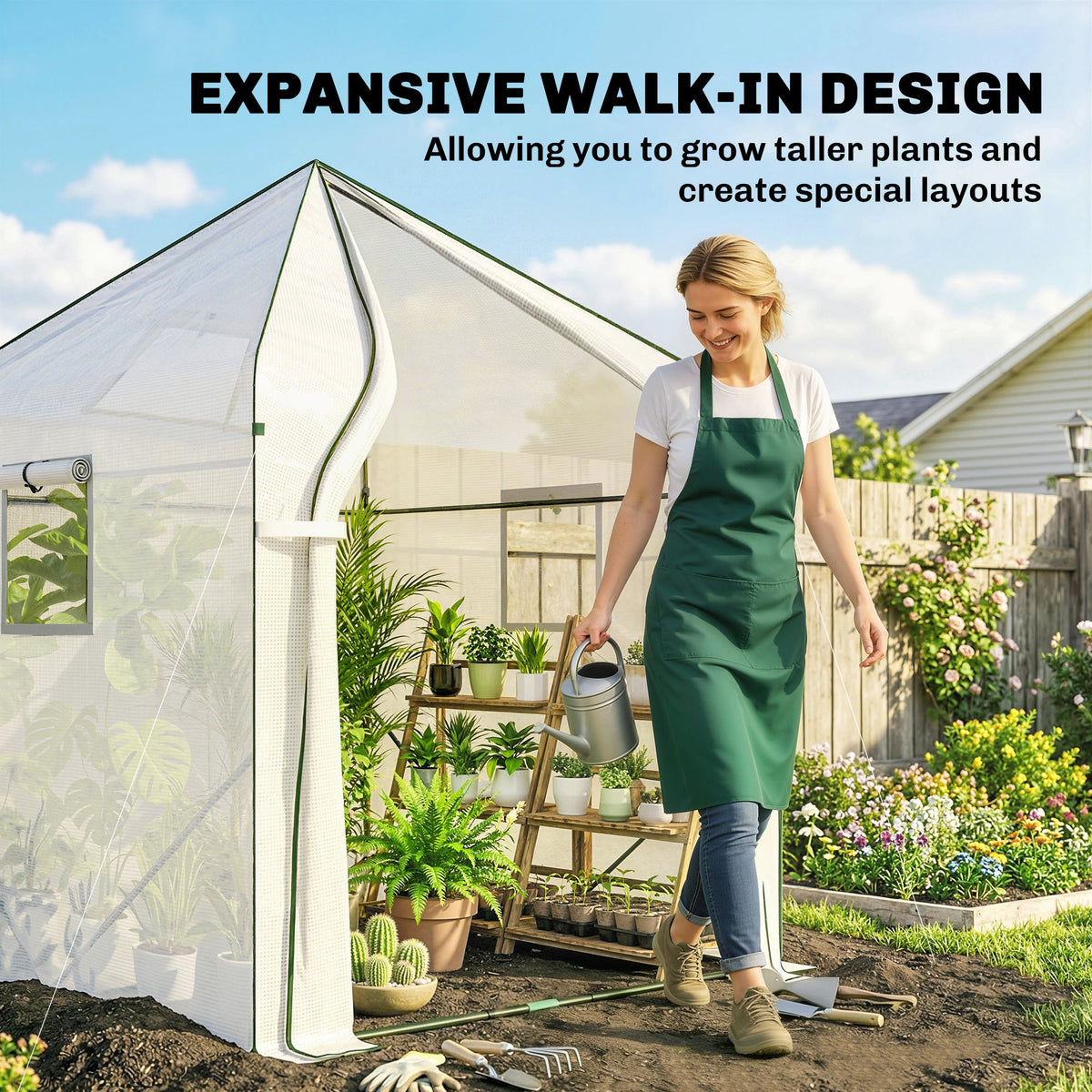 63" x 63" x 78.7" Mini Walk-in Greenhouse with PE Cover, Roll-up Door & 3 Mesh Windows, White — product view 6