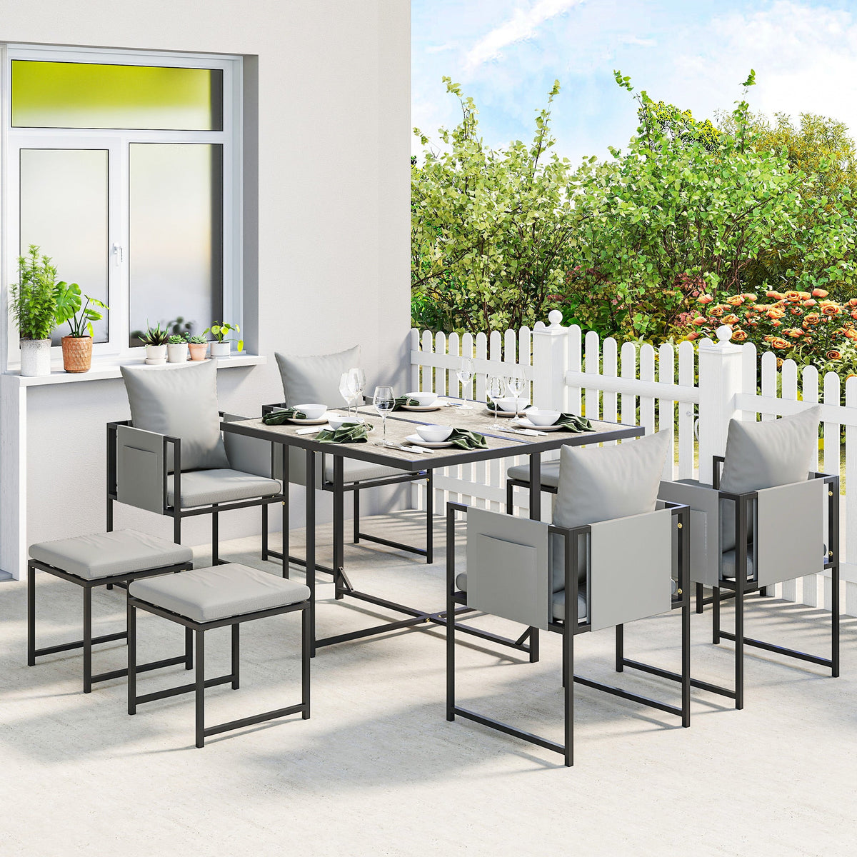 9 Piece Cube Garden Dining Set with 8 Seats, 4 Stools & Cushions, Dark Grey — product view 3