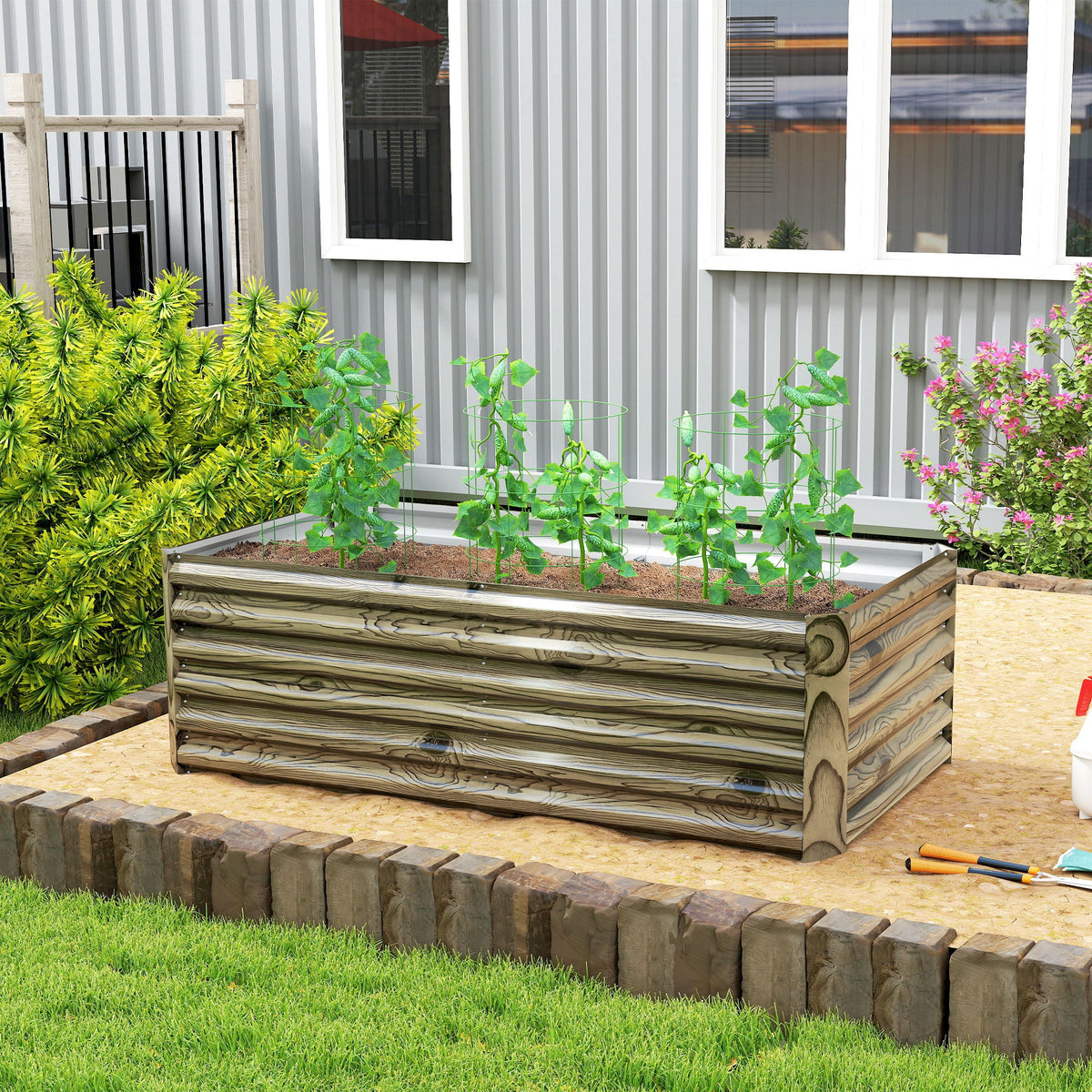6' x 3' x 2' Galvanized Raised Garden Bed for Vegetables, Light Wood Effect — product view 3