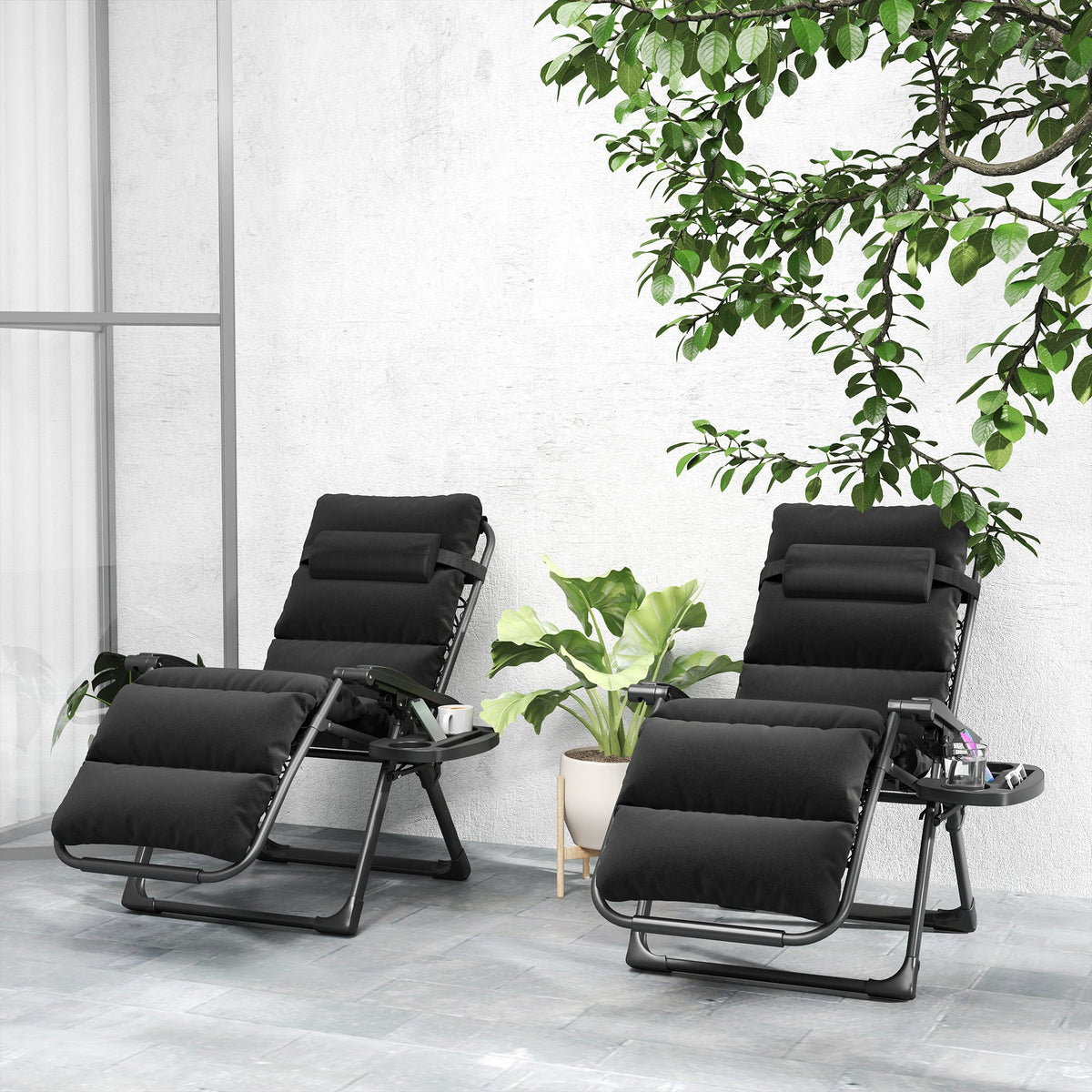 Set of 2 Zero Gravity Chairs with Cup and Phone Holder Tray, Black — product view 4