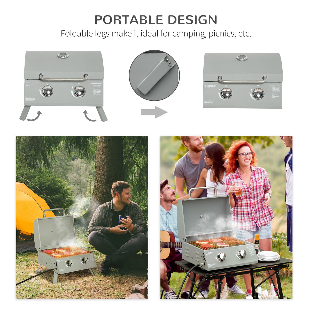 2 Burner Portable Propane Gas Grill with Foldable Legs, Silver — product view 7
