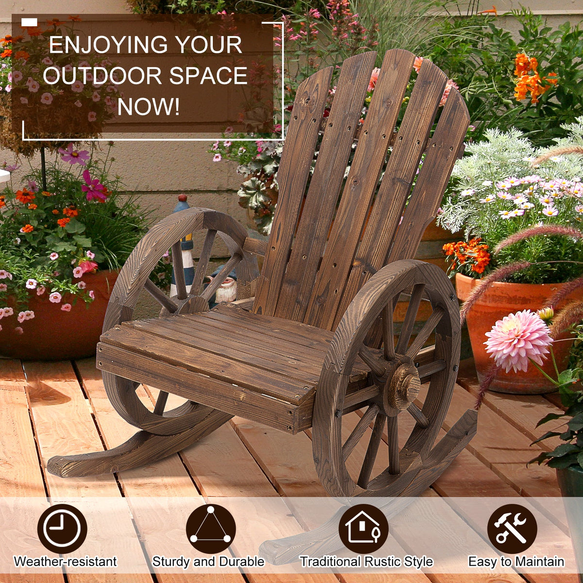 Wooden Adirondack Rocking Chair Reclining Armchair for Garden, Patio and Porch, Carbonized — product view 7