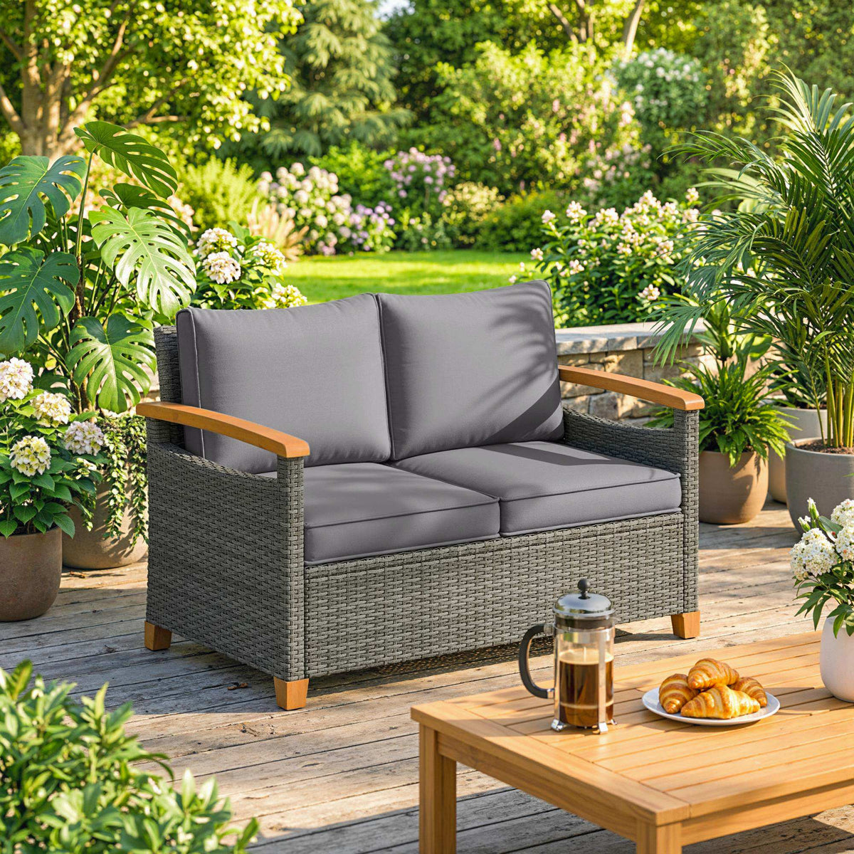 2-Seater Rattan Loveseat with Thick Cushions & Acacia Armrests, Dark Grey — product view 3
