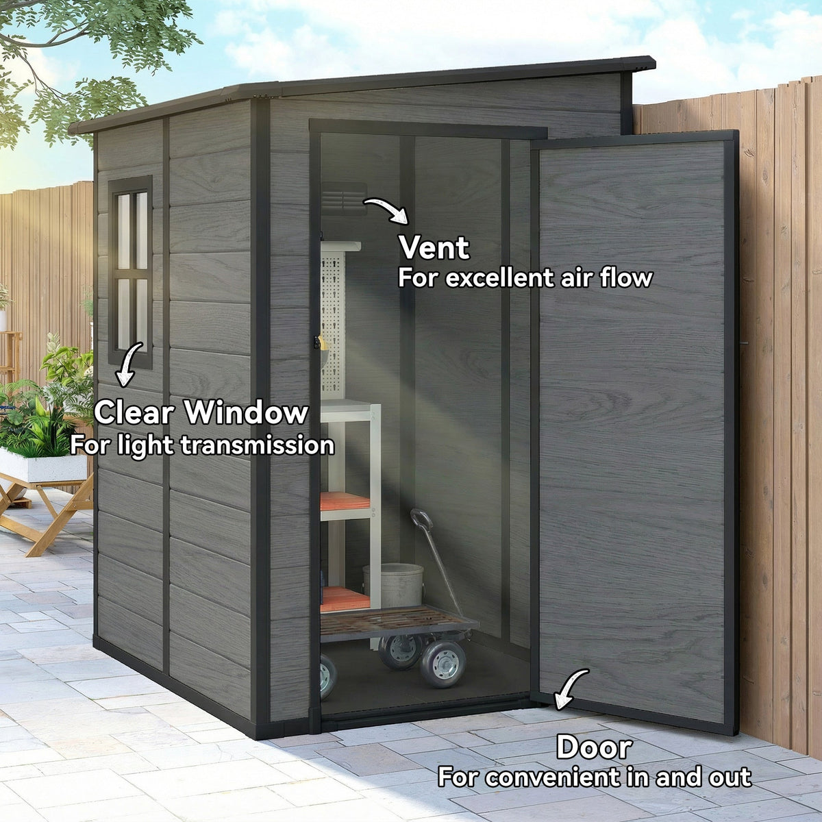 4 x 5FT Plastic Lean-to Garden Shed with Floor, Wood-Effect — product view 7