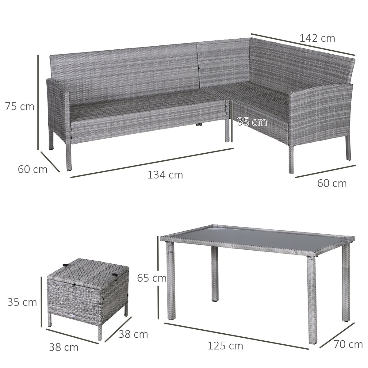 5 Piece Rattan Garden Furniture Set, 6 Seater Corner Dining Set, Beige — product view 5