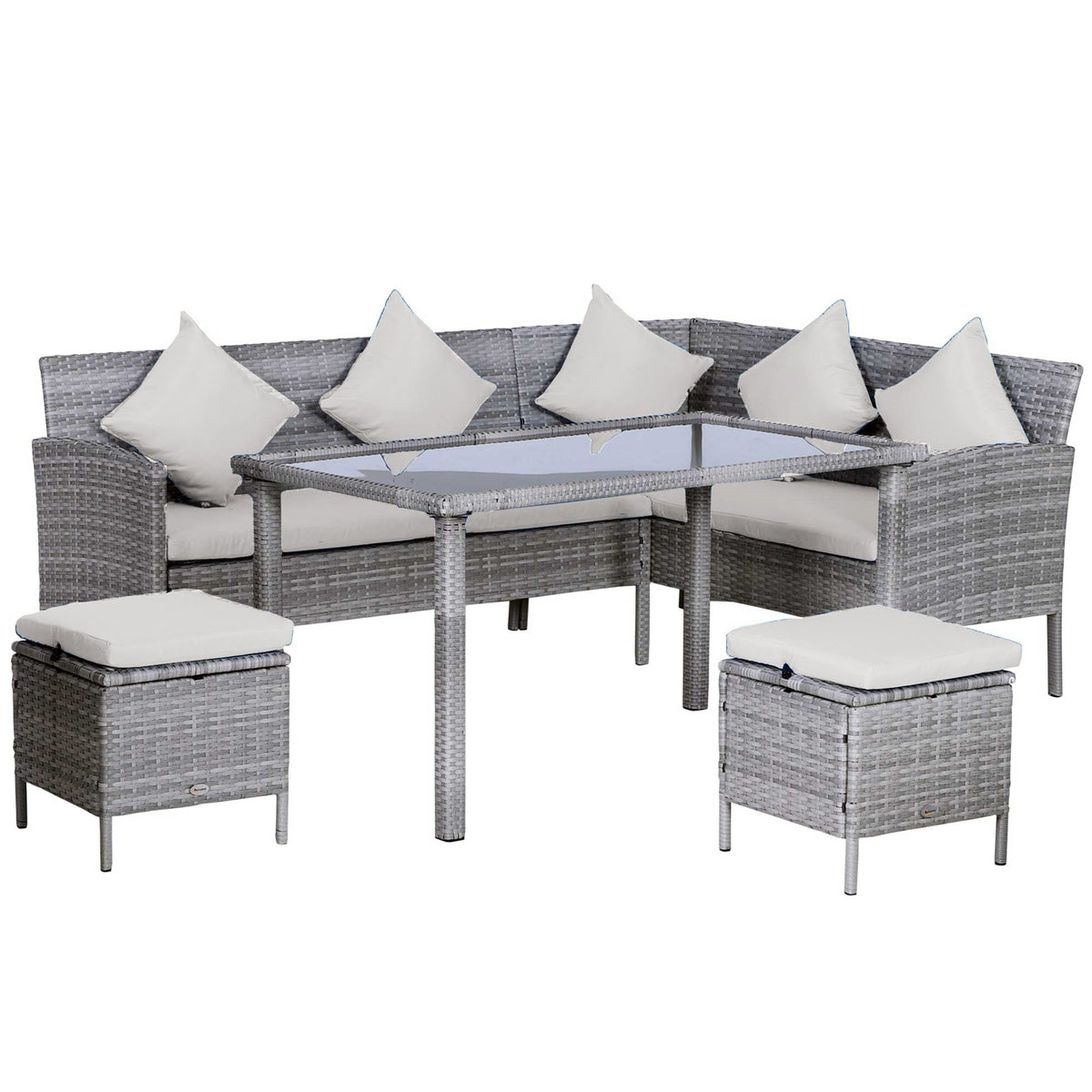 5 Piece Rattan Garden Furniture Set, 6 Seater Corner Dining Set, Beige — product view 2