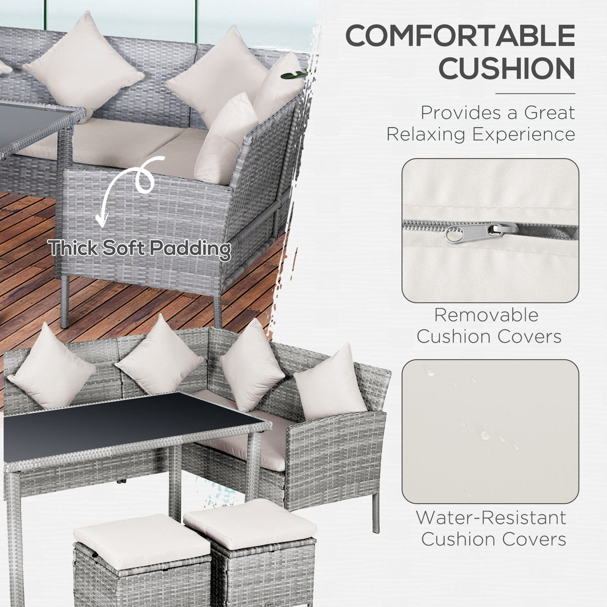 5 Piece Rattan Garden Furniture Set, 6 Seater Corner Dining Set, Beige — product view 7