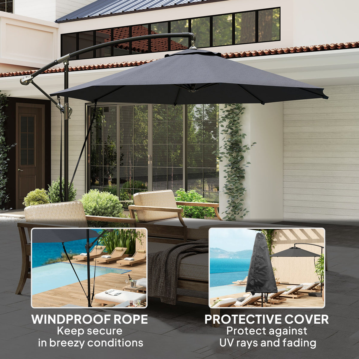 9.5FT Cantilever Patio Umbrella with Cover, 360° Rotation and Cross Base, Grey — product view 6