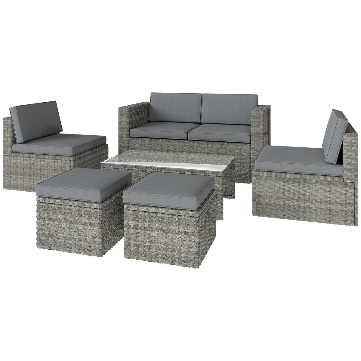 6 Piece Rattan Nesting Patio Set with Loveseat and Footstools, Dark Grey — product view 2