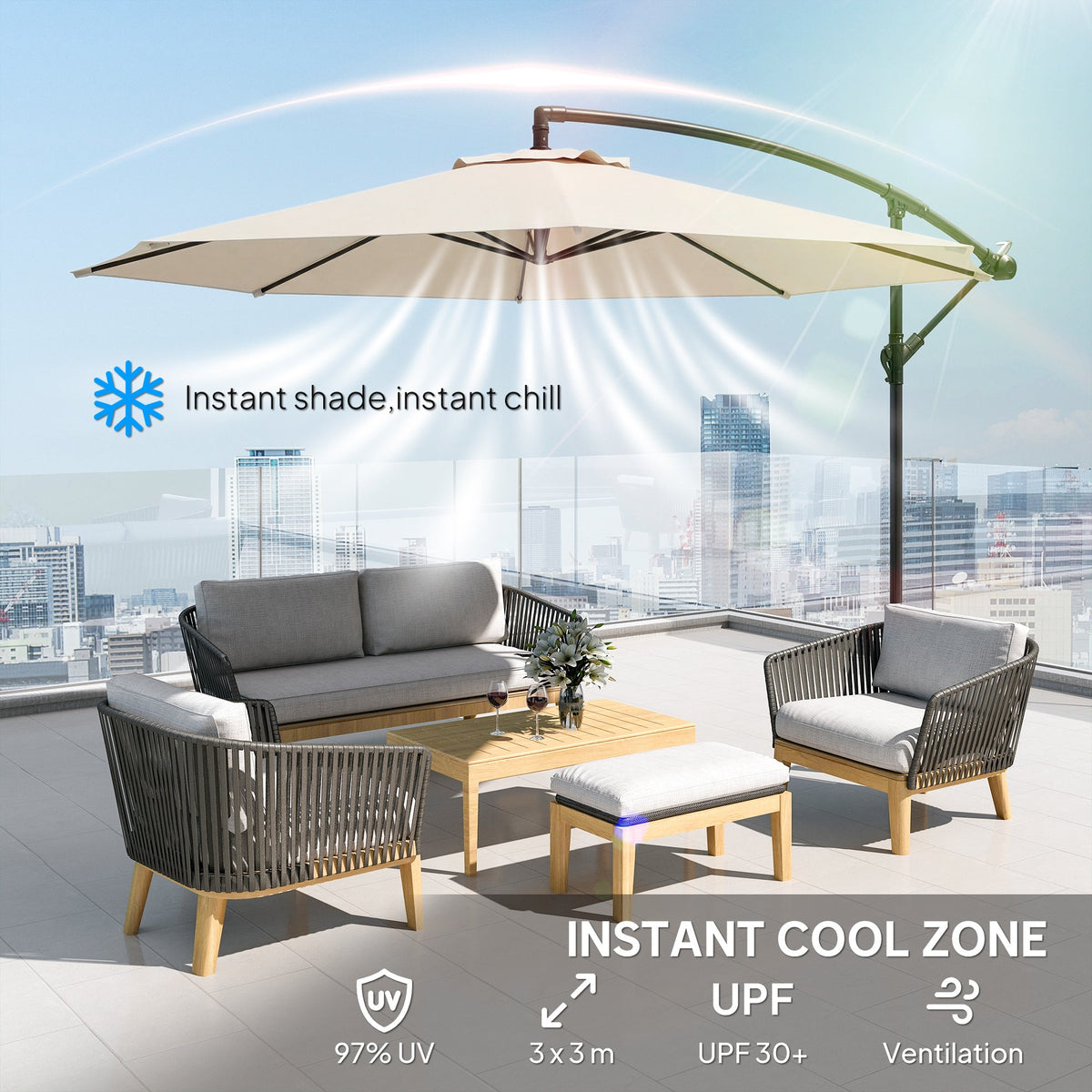 3 m Banana Parasol with Crank Handle, 8 Ribs & Cross Base, Cream White — product view 6