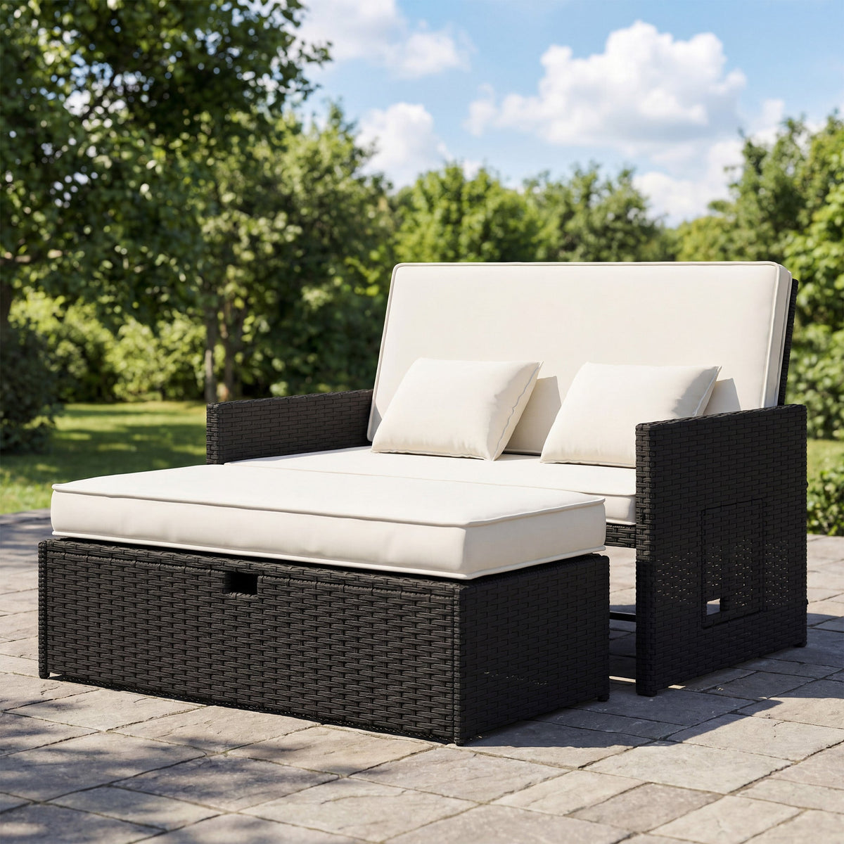 Rattan Garden Daybed with Ottoman, Retractable Trays & Cushions, Cream White — product view 3