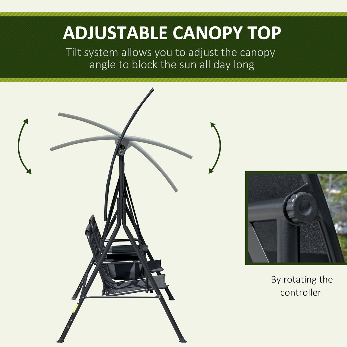 2 Person Porch Swing with Pivot Table, Cup Holder and Canopy, Black — product view 6