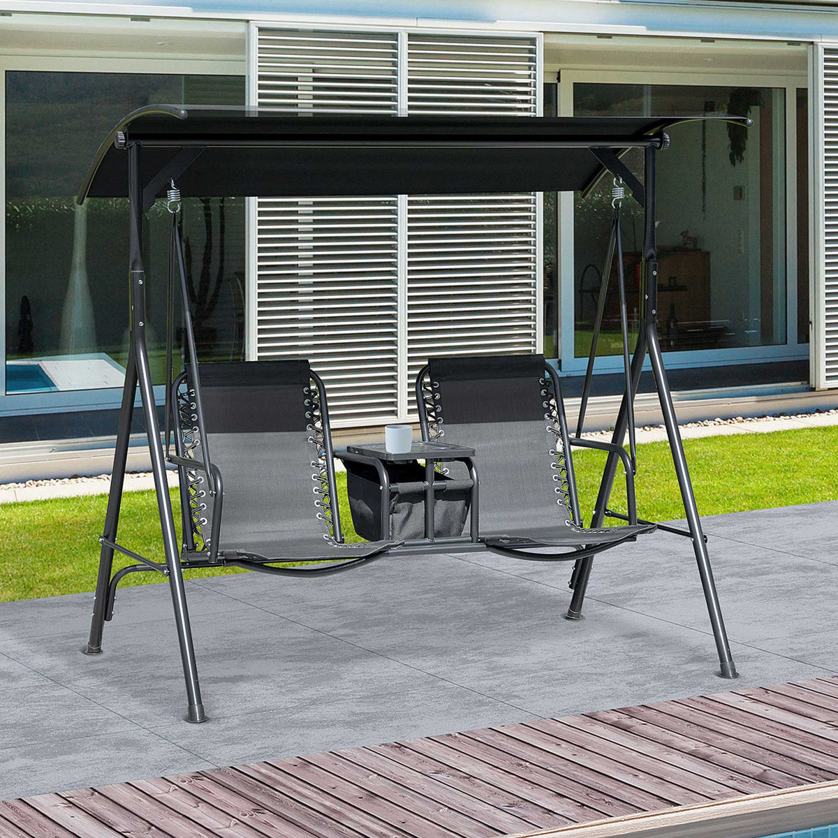 2 Person Porch Swing with Pivot Table, Cup Holder and Canopy, Black — product view 3