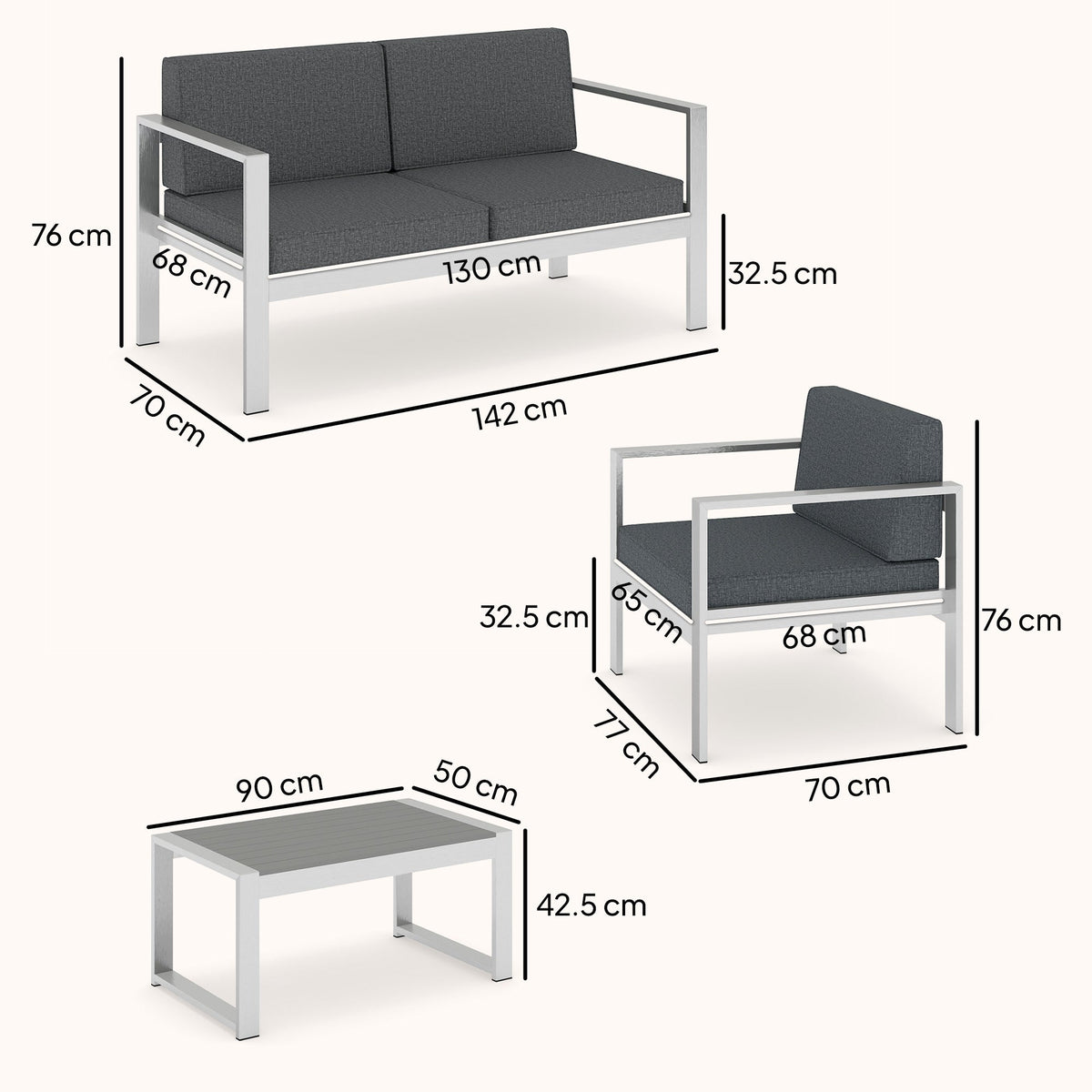 4-Seater Aluminium Sofa Set with Faux Wood Table and Olefin Cushions, Dark Grey — product view 5