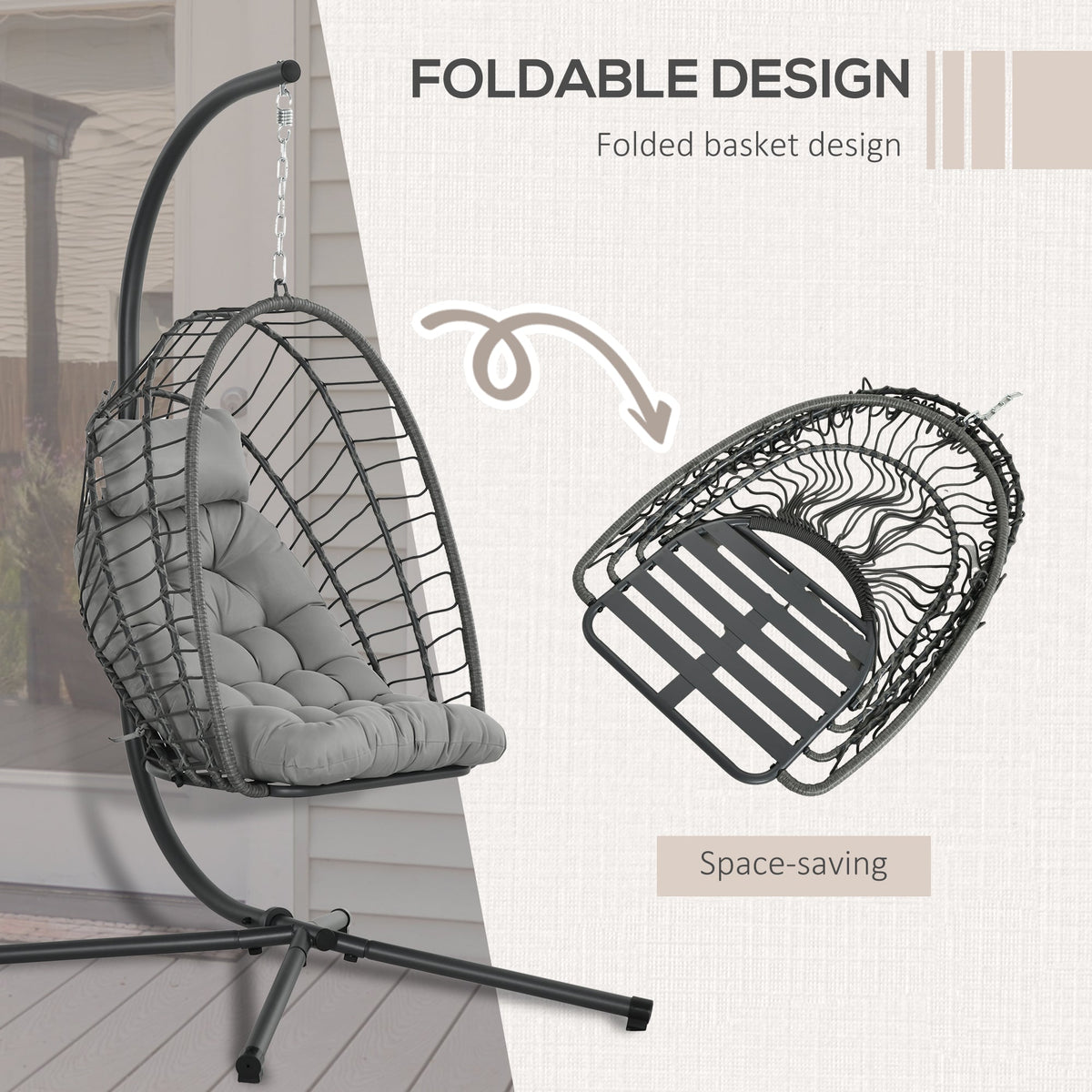 Rattan Hanging Egg Chair with Metal Stand, Foldable Basket & Cushion, Light Grey — product view 6