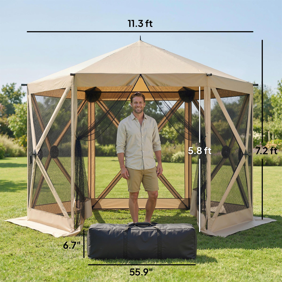 10' x 11' Pop Up Gazebo Screen Tent with Mesh Netting, Beige — product view 5