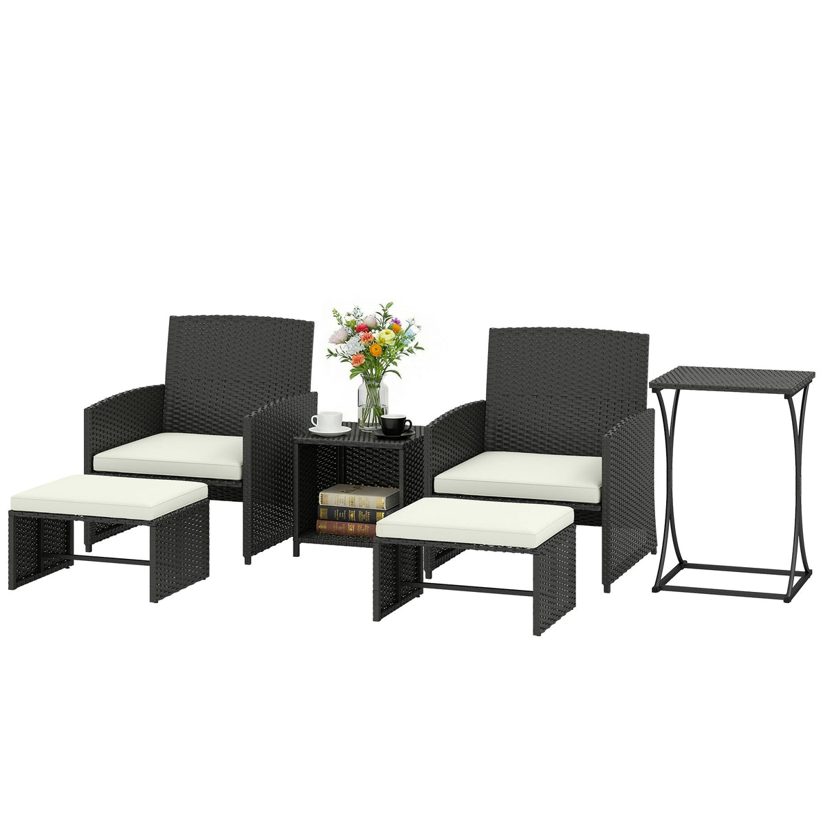 6 Piece Rattan Garden Furniture Set with 2 Nesting Tables, Black — product view 2