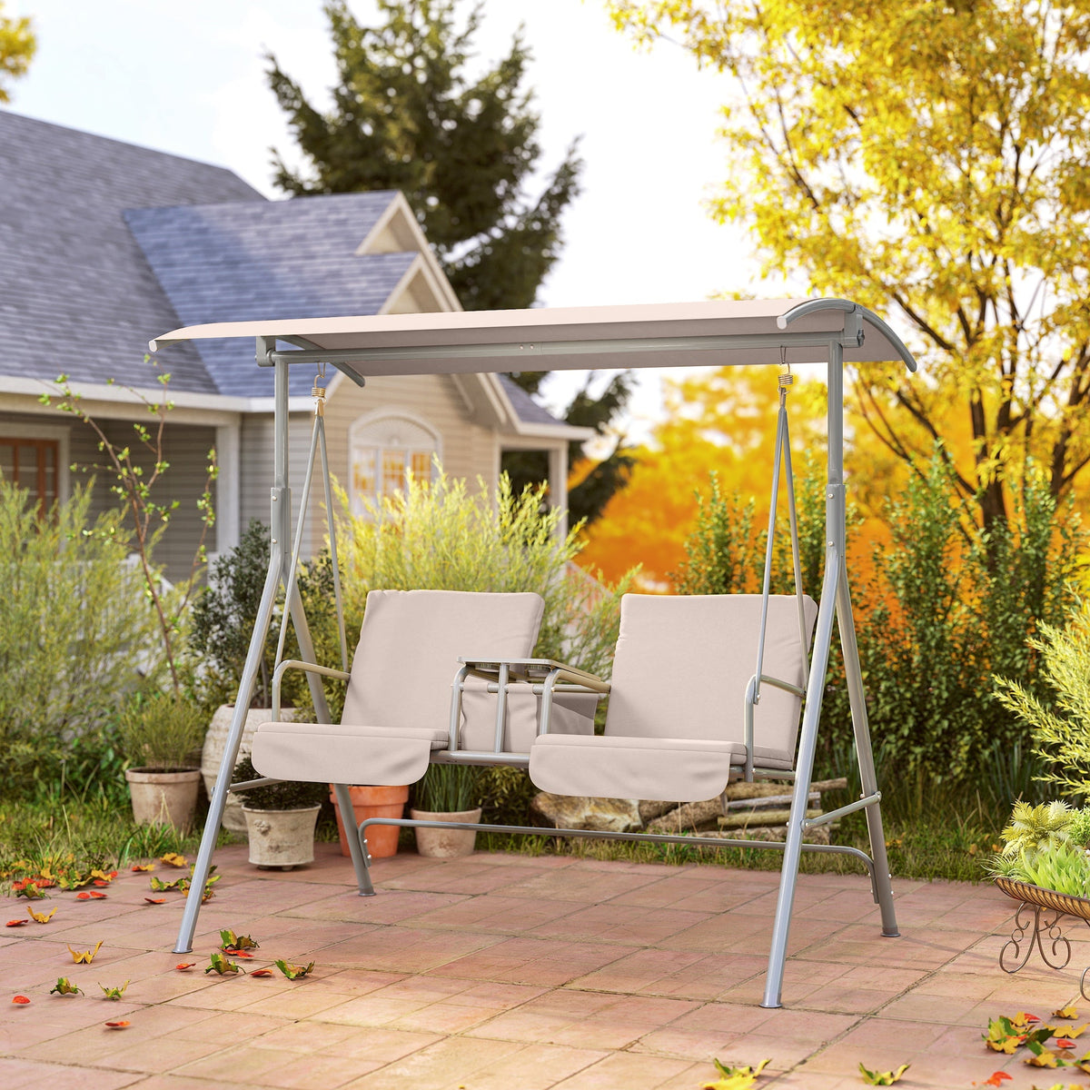 2-Person Porch Swing with Stand and Pivot Table, Beige — product view 4
