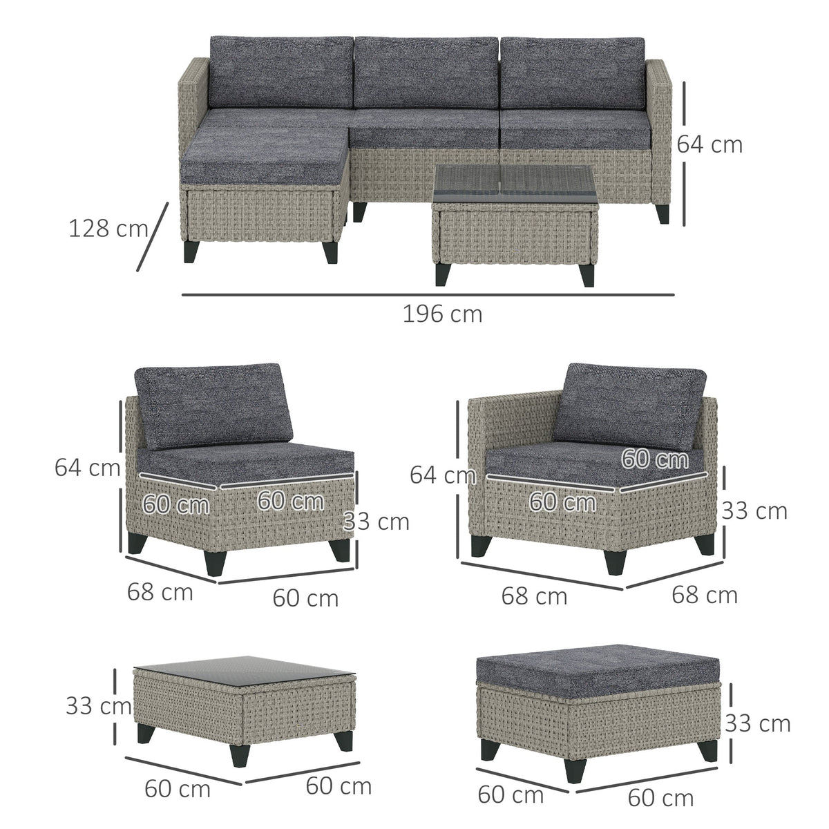 5 Piece PE Rattan Garden Furniture Set with Corner Sofa & Glass Table, Dark Grey — product view 5