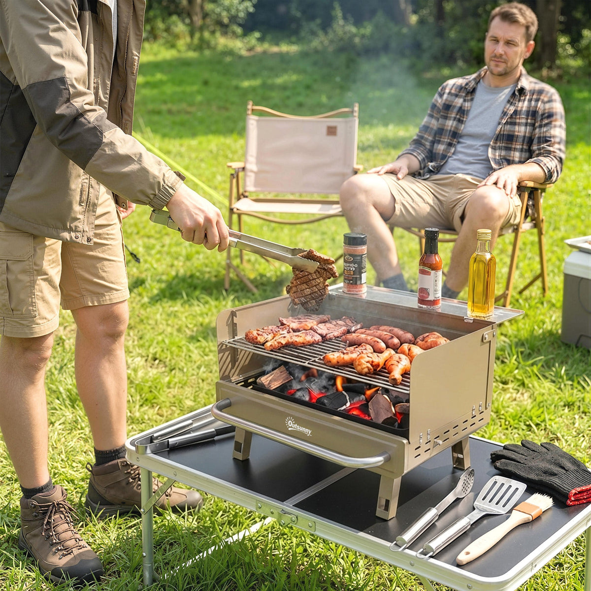 Portable Charcoal BBQ Grill with Adjustable Grates and Side Shelf, Khaki — product view 4